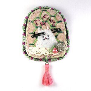 Handmade, "I'm Fine" Cat with Sword Embroidered Brooch / Pin